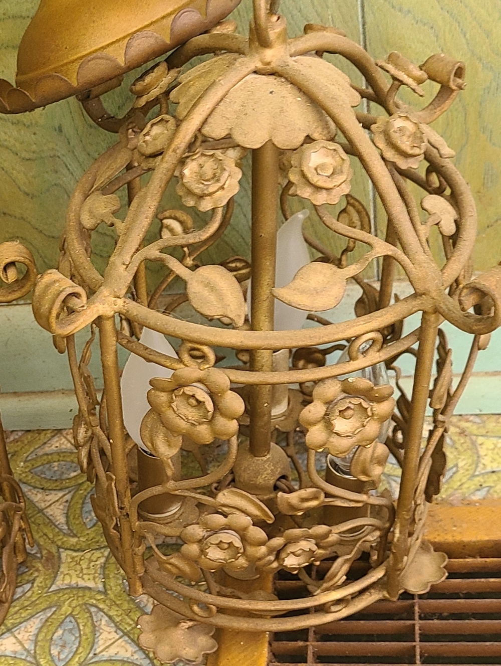 Vintage-Style Gold Floral Cage Light Fixture